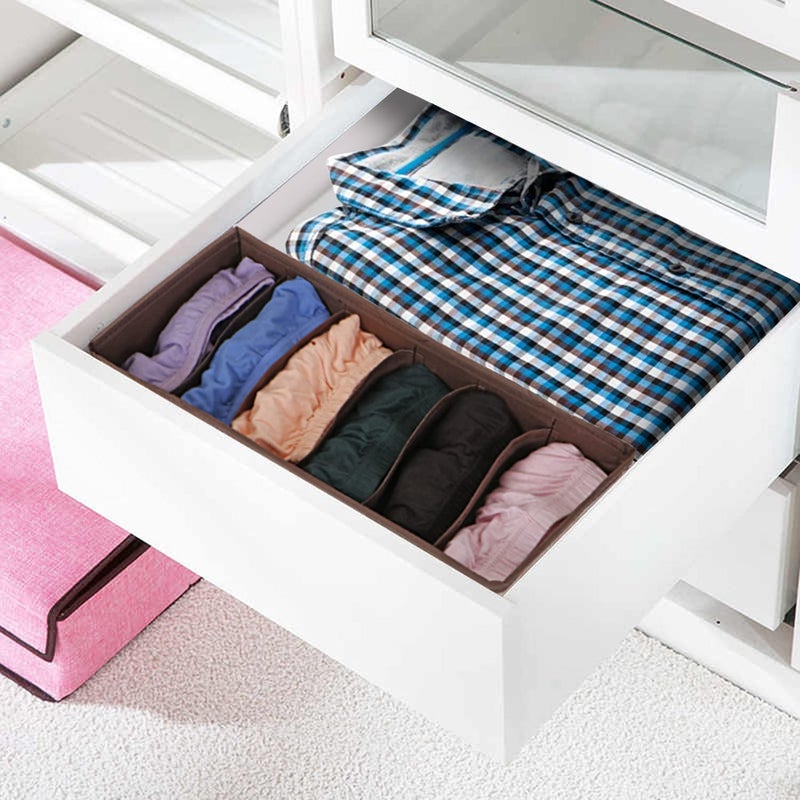 HOKIPO HOKIPO Fabric Undergarment Organizer Storage Box For Drawers Bra Panty Socks Tie Lingerie Organizer For Wardrobe 6 Grid Brown In336 Drawer Organizers  - Image 3