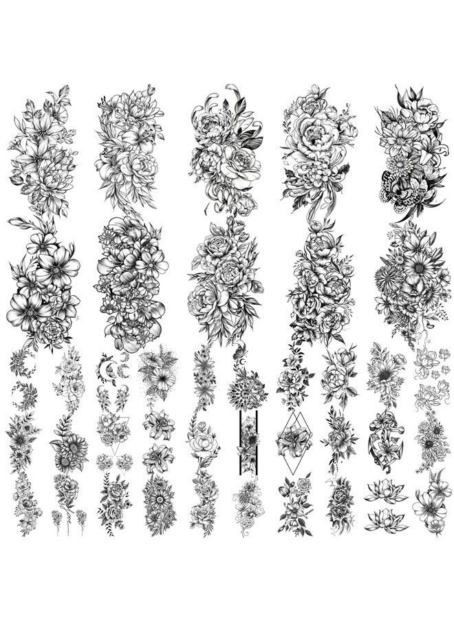 40 sheets Lasting Temporary Tattoos Large Chrysanthemum and Lotus Flowers Collection Waterproof Temporary Fake Tattoo Stickers for Women and Girls.