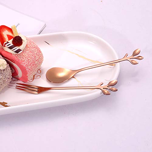 AnSaw Stainless Steel Rose Gold Leaf Coffee Cake Spoon Fork-Ansaw 10Pcs 4.7 Creative Tableware Dessert Spoons Stirring Mixing Sugar Stir Ice Cream Fruit Cake Teaspoon Set (Rose Gold-5Spoon+5Forks) - Image 3