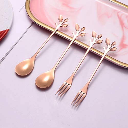 AnSaw Stainless Steel Rose Gold Leaf Coffee Cake Spoon Fork-Ansaw 10Pcs 4.7 Creative Tableware Dessert Spoons Stirring Mixing Sugar Stir Ice Cream Fruit Cake Teaspoon Set (Rose Gold-5Spoon+5Forks) - Image 5