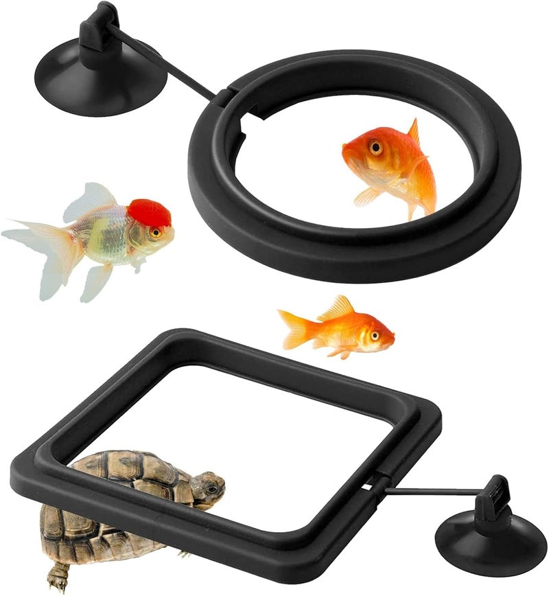 SWIUKPHE 2 Pieces Fish Feeding Ring, Feeder Aquarium Turtle Tank Accessories Food Circle with Suction Cup for Guppy, Bettas, Goldfish, (Round and Square, Black) - Image 1