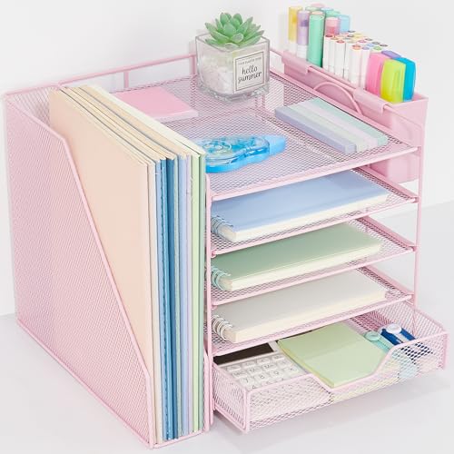 Gugsey Desk Organizer, 5-Tier Paper Letter Tray Organizer with File Holder, Drawer and Pen Holder, Desktop Organizer for Office Supplies, Pink - Image 1