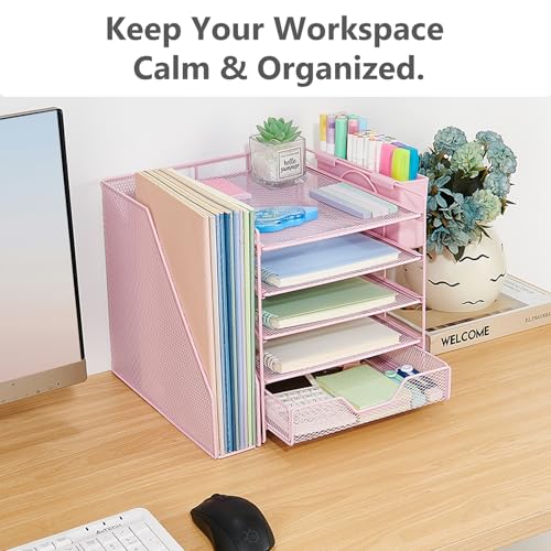 Gugsey Desk Organizer, 5-Tier Paper Letter Tray Organizer with File Holder, Drawer and Pen Holder, Desktop Organizer for Office Supplies, Pink - Image 5