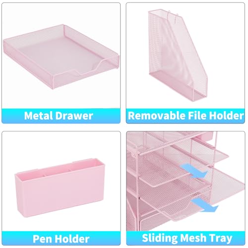 Gugsey Desk Organizer, 5-Tier Paper Letter Tray Organizer with File Holder, Drawer and Pen Holder, Desktop Organizer for Office Supplies, Pink - Image 3