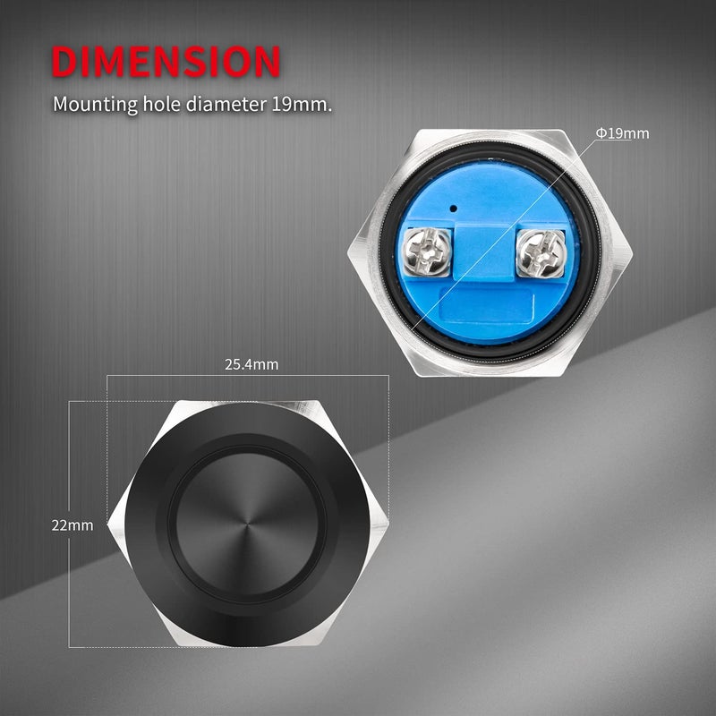DAIERTEK 12V 19mm Momentary Horn Push Button Switch Black Metal Waterproof Round Starter Power Switch for RV Truck Boat Marine - 2pcs - Image 3