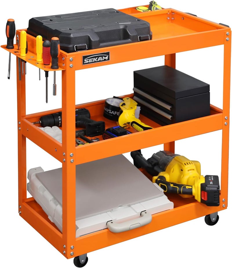 Atrisec 3 Tier Rolling Tool Cart - Heavy Duty Steel Service Cart with Side Storage Organizer & Screwdriver Holder – 400 LBS Load Capacity Metal Utility Trolley for Garage, Orange - Image 1