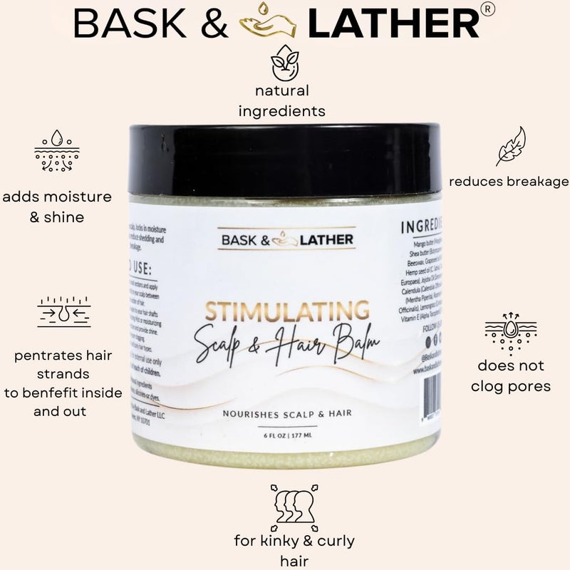 Bask & Lather Stimulating Scalp and Hair Balm for Hair Growth, Mango & Shea Butter, Nourishing Jojoba Oil, Peppermint & Rosemary Oil, Vitamin E, Scalp Care, Hair Care, Moisture, Shine & Strength, 6 oz - Image 2