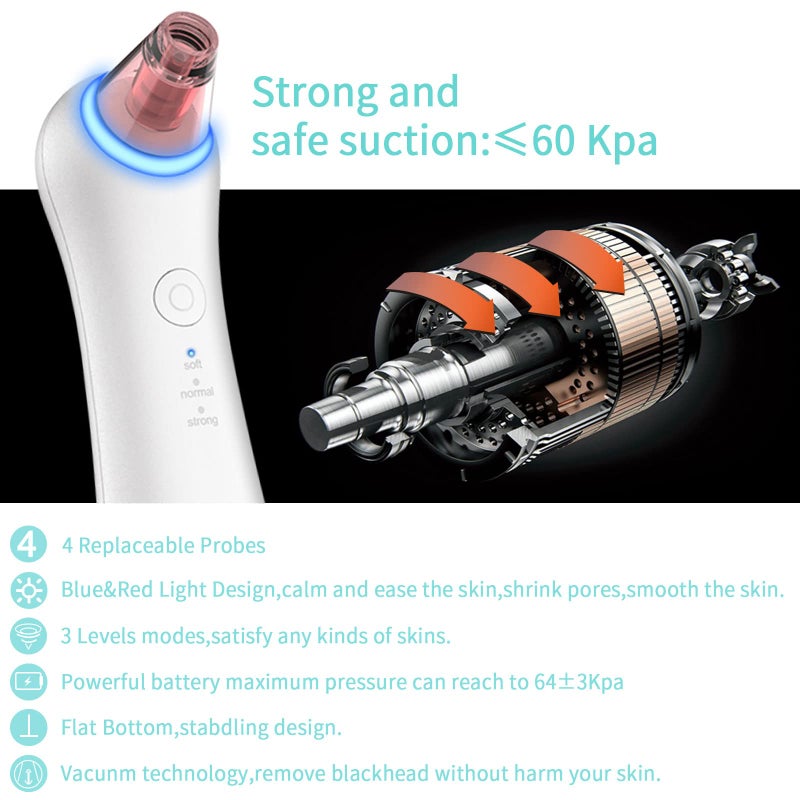 GERY Blackhead Remover Vacuum Pore Extractor Black Head Remover for Face Blackhead Extractor Pore Vacuum Pimple Extractor Skin Tag Remover Tool Pore Cleaner with Red&blue light 3 Modes 4 Suction Heads - Image 4