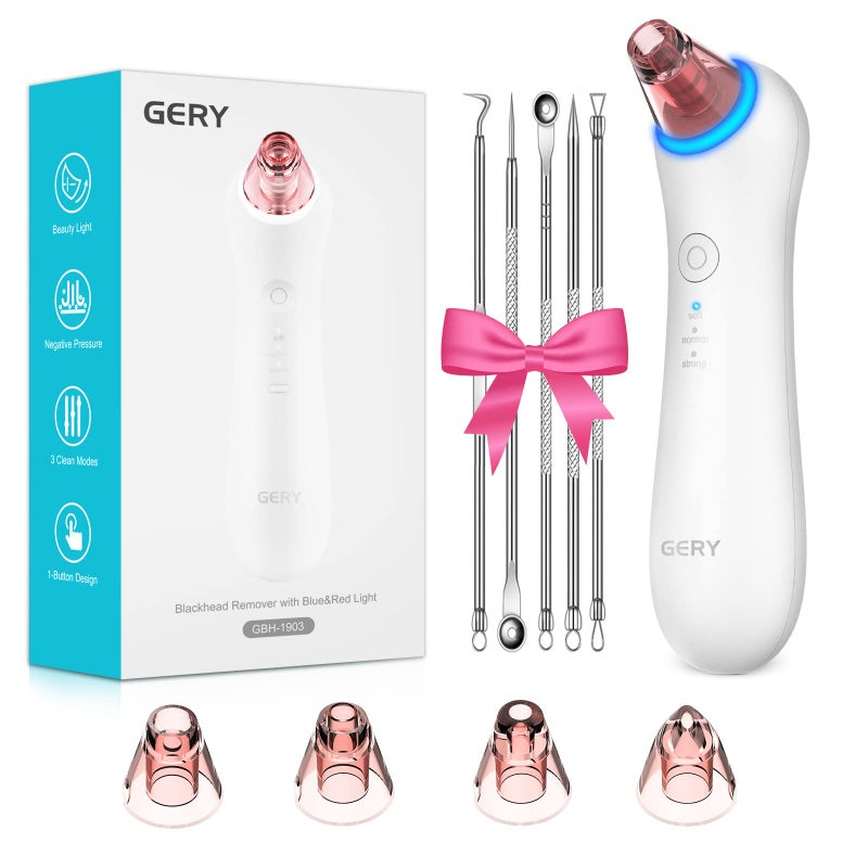 GERY Blackhead Remover Vacuum Pore Extractor Black Head Remover for Face Blackhead Extractor Pore Vacuum Pimple Extractor Skin Tag Remover Tool Pore Cleaner with Red&blue light 3 Modes 4 Suction Heads - Image 1