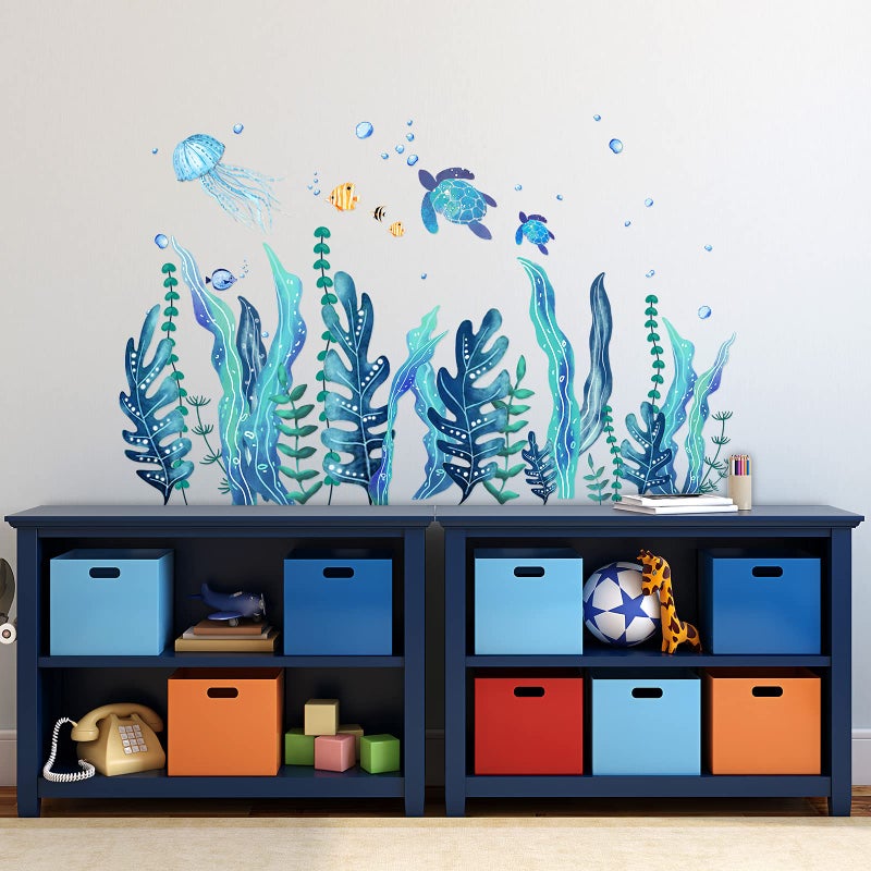 Tenare 5 Sheets Ocean Sea Turtle Wall Decals Stickers Under The Sea Stickers Grass Jellyfish Fish Removable Vinyl Decal for Bedroom Bathroom Nursery Room Wall Decor(Classic Style) - Image 2