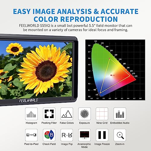 FEELWORLD S55 6 inch Camera DSLR Field Monitor Small Full HD 1920x1080 IPS LUT Video Peaking Focus Assist with 4K HDMI 8.4V DC Input Output Professional Video Accessories - Image 4