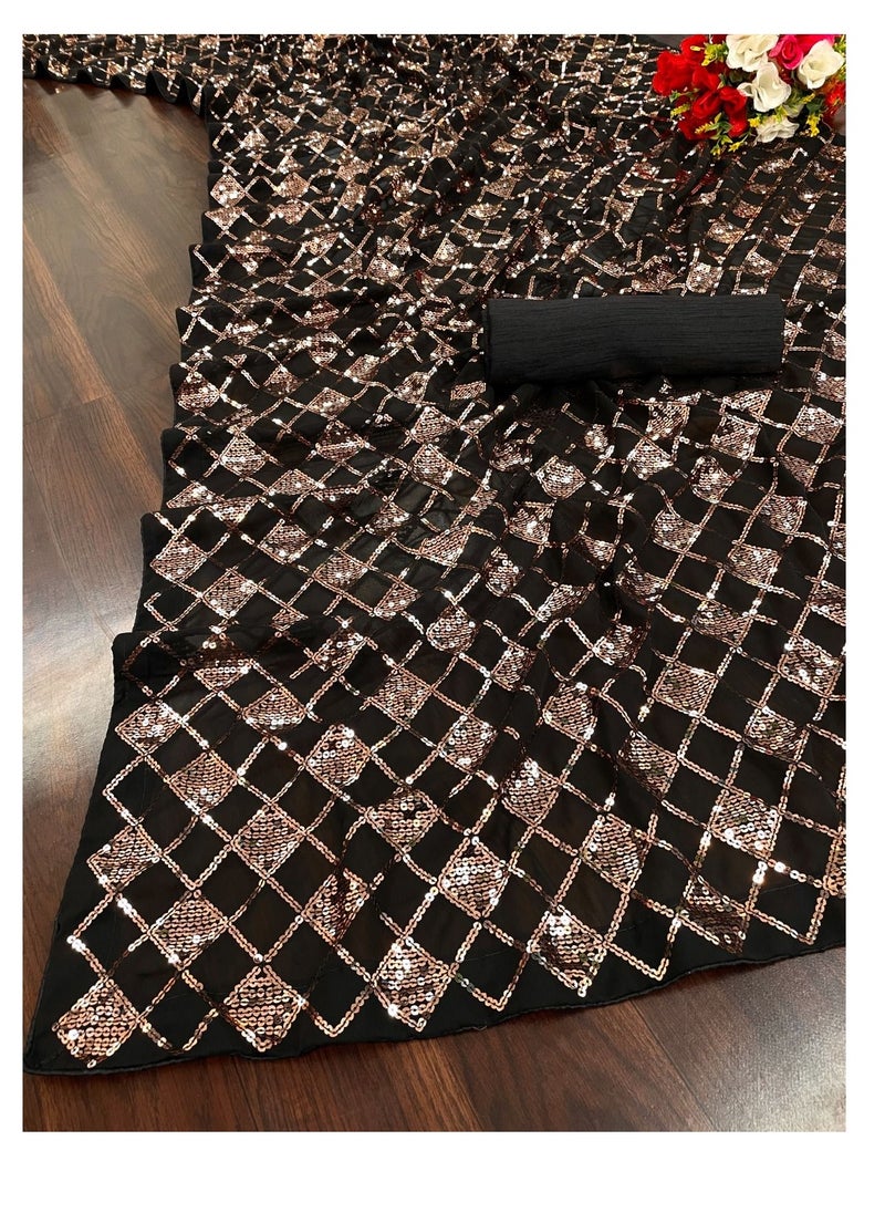 Georgette Beautiful Black Base Saree With Copper Colour Sequence Work And Unstitched Blouse