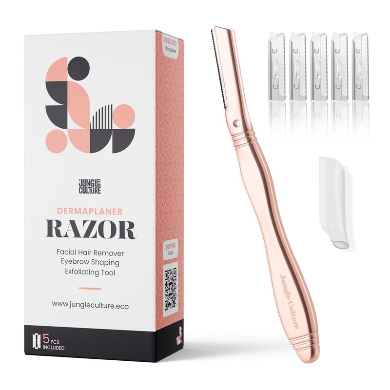 Jungle Culture Dermaplane Razor  Eyebrow Shaping Precision Exfoliation  Hair Removal for Radiant Smooth Skin  Dermaplaning Facial Razor with 5 Replaceable Blades  LowWaste Design  Rose Gold
