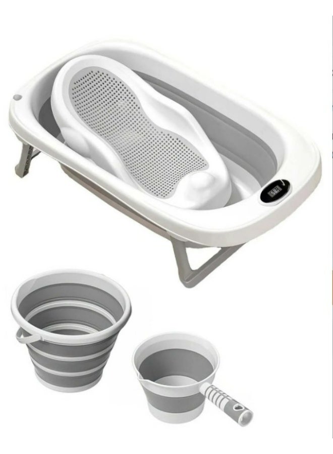 حوض استحمام قابل للطي للأطفال 4 في 1 مع أداة استحمام من السيليكون، ودلو قابل للطي، ومغرفة ماء (من 0 إلى 3 سنوات)