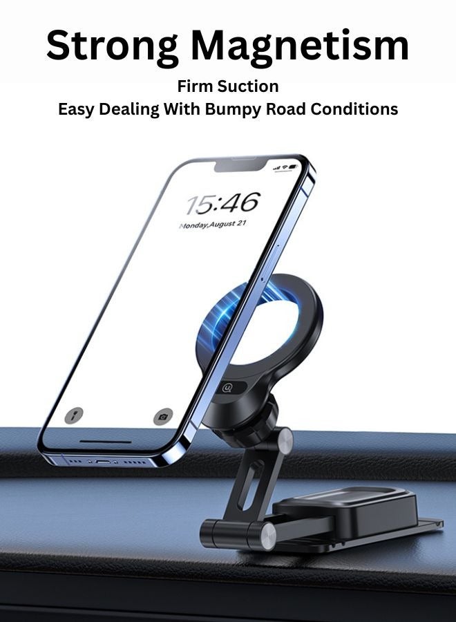Magnetic Car Phone Holder, Compact 360-degree Rotatable Dashboard Car Phone Stand With Anti-Slip Grip, Cradleless Design, Foldable Arm And N52 Magnet For iPhone 16, Samsung S25, MagHoop-HG - Black