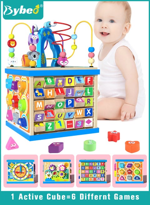 لعبة تعليمية خشبية 5 في 1، مكعب أنشطة خشبي متعدد الوظائف، ألعاب مونتيسوري، مكعب مشغول للأطفال والرضع فوق عمر 6 أشهر.