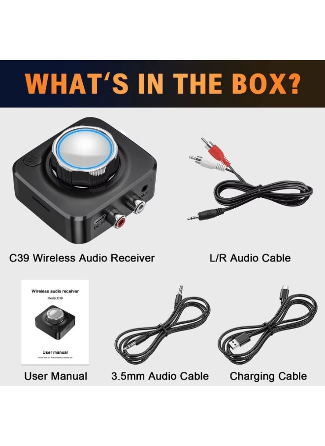 Bluetooth 5.0 Receiver, Wireless Auido Music Rca, Aux Adapter，Audio Receiver，With Blue Indicator Light And 3.5mm Audio Cable, Supports Tf Card Playback, Suitable For Home Car Music Streaming Audio System, Black