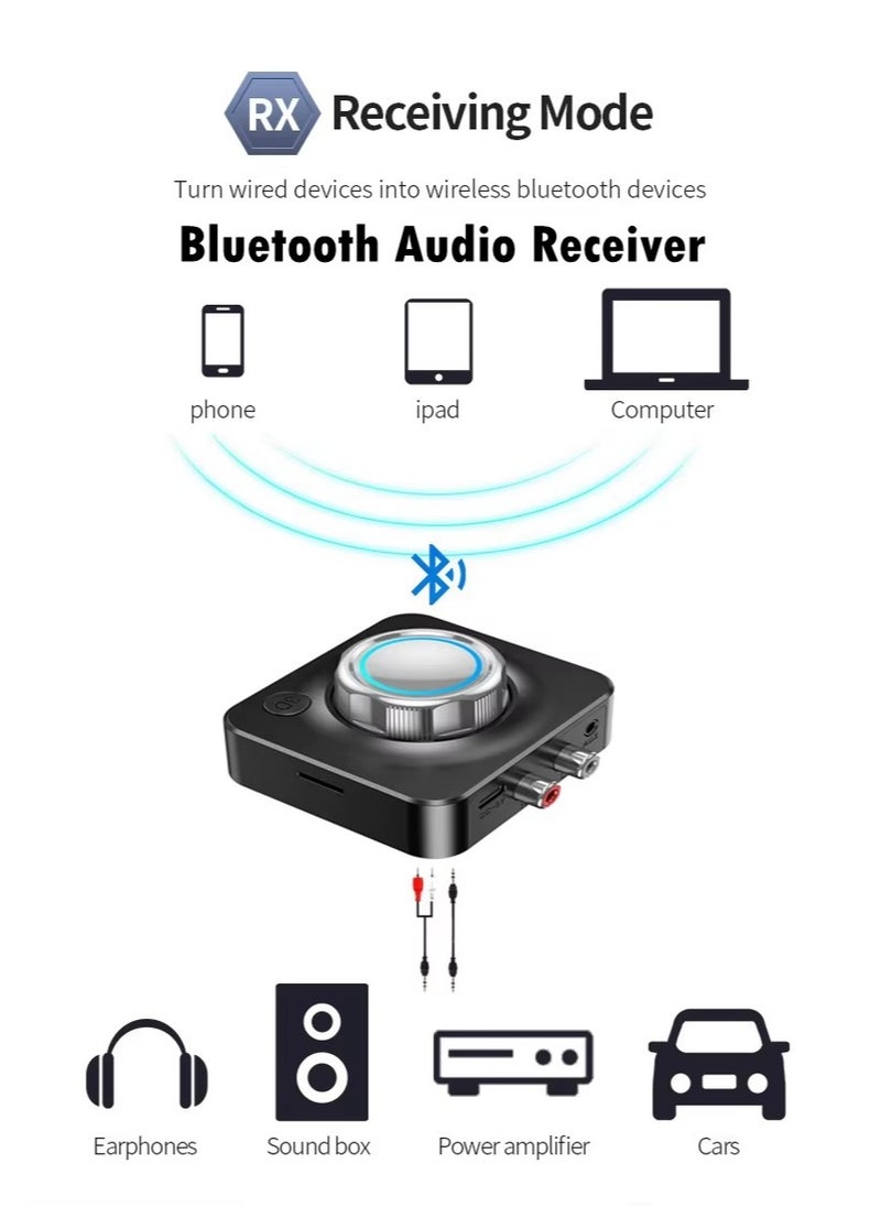Bluetooth 5.0 Receiver, Wireless Auido Music Rca, Aux Adapter，Audio Receiver，With Blue Indicator Light And 3.5mm Audio Cable, Supports Tf Card Playback, Suitable For Home Car Music Streaming Audio System, Black