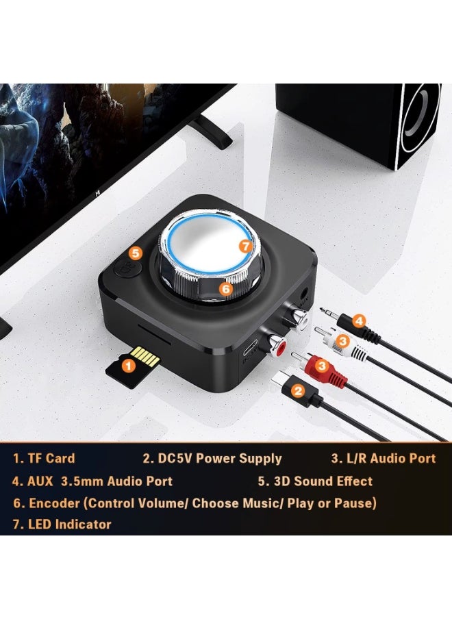 Bluetooth 5.0 Receiver, Wireless Auido Music Rca, Aux Adapter，Audio Receiver，With Blue Indicator Light And 3.5mm Audio Cable, Supports Tf Card Playback, Suitable For Home Car Music Streaming Audio System, Black