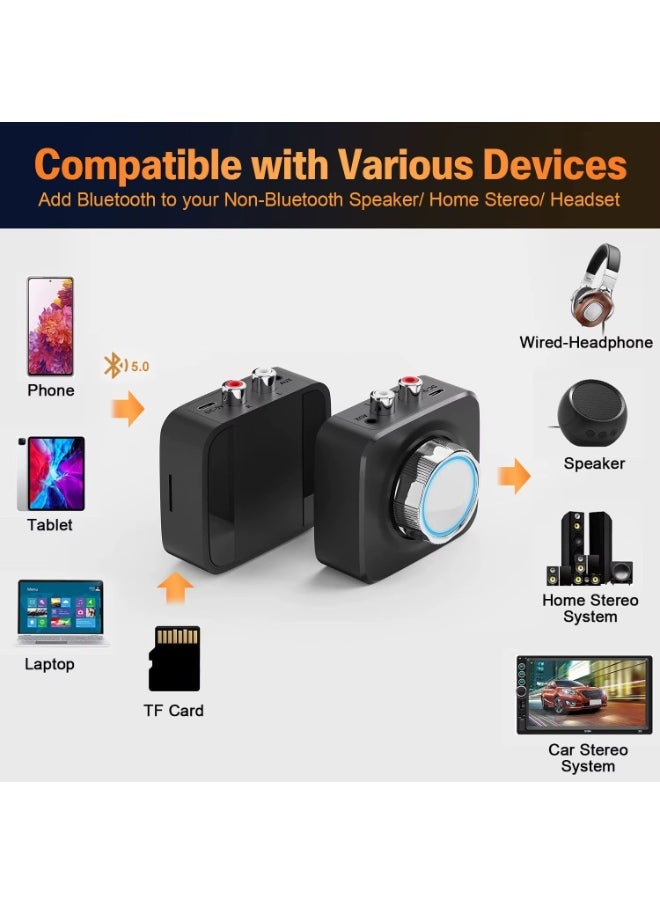 Bluetooth 5.0 Receiver, Wireless Auido Music Rca, Aux Adapter，Audio Receiver，With Blue Indicator Light And 3.5mm Audio Cable, Supports Tf Card Playback, Suitable For Home Car Music Streaming Audio System, Black