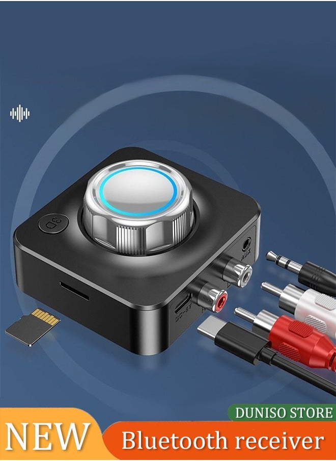 DUNISO - Bluetooth 5.0 Receiver, Wireless Auido Music Rca, Aux Adapter，Audio Receiver，With Blue Indicator Light And 3.5mm Audio Cable, Supports Tf Card Playback, Suitable For Home Car Music Streaming Audio System, Black - Image 1