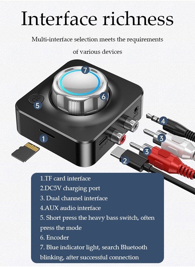 DUNISO - Bluetooth 5.0 Receiver, Wireless Auido Music Rca, Aux Adapter，Audio Receiver，With Blue Indicator Light And 3.5mm Audio Cable, Supports Tf Card Playback, Suitable For Home Car Music Streaming Audio System, Black - Image 1
