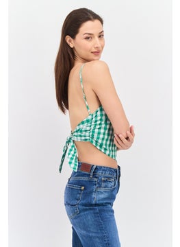 Pepe Jeans Women Square Neck Sleeveless Checkered Tank Top, Green  - Image 2