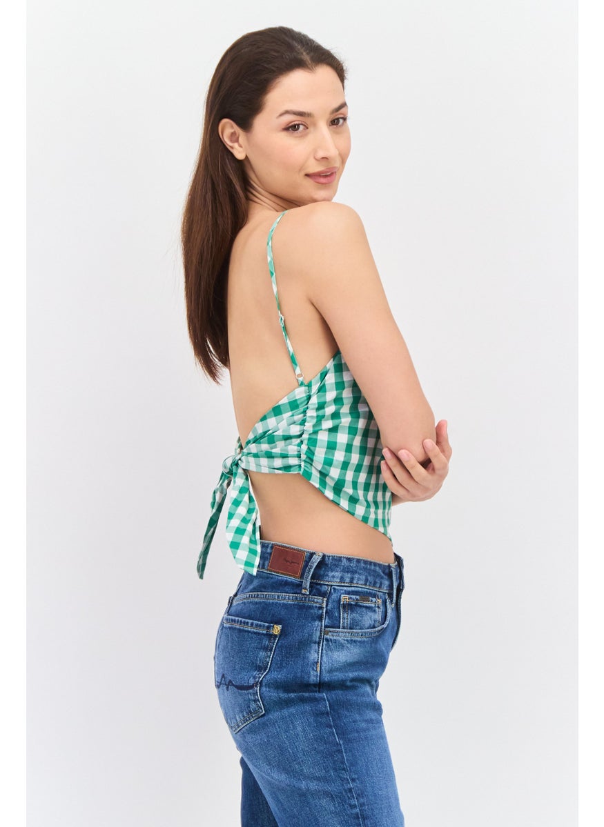 Pepe Jeans - Women Square Neck Sleeveless Checkered Tank Top, Green - Image 1
