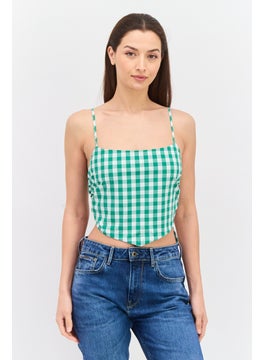 Pepe Jeans Women Square Neck Sleeveless Checkered Tank Top, Green  - Image 1