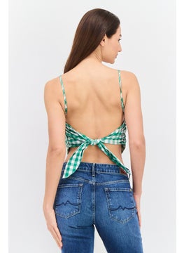 Pepe Jeans Women Square Neck Sleeveless Checkered Tank Top, Green  - Image 3