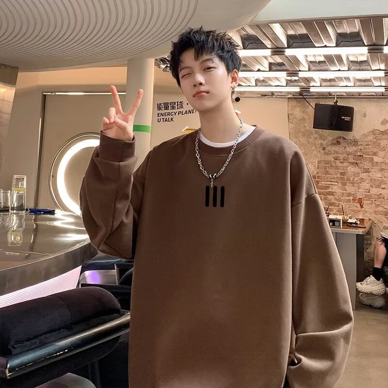 Autumn and Winter fleece-lined Thickened Sweatshirt Mens 2024 New Korean Style New Round Neck Loose Printed Sweatshirt Fashion in Hong Kong Brown [thin large fish scales]