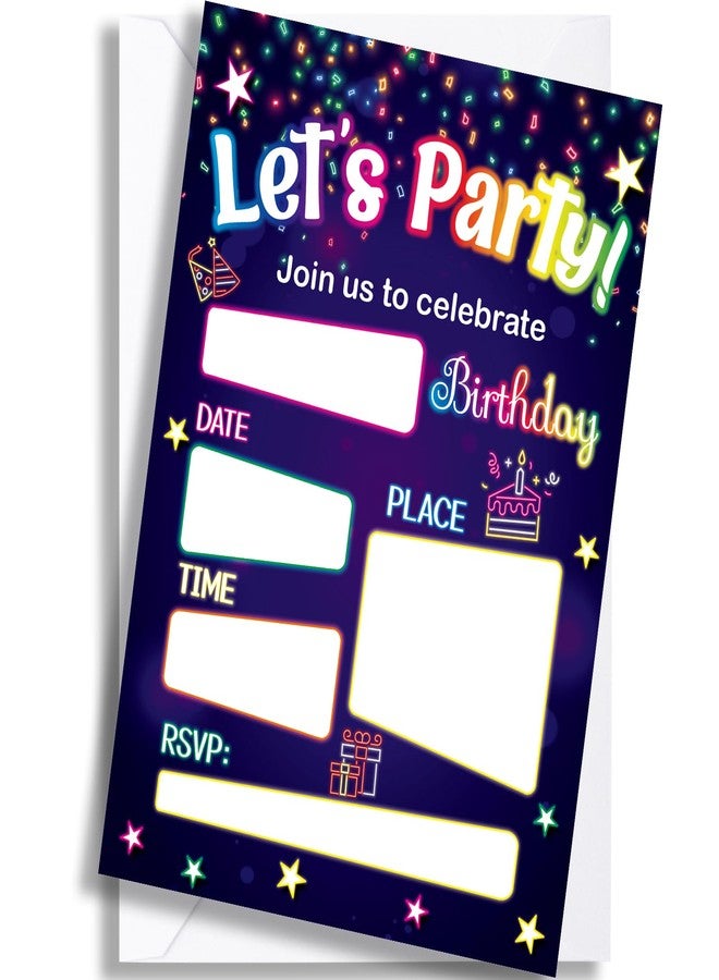 WorldBazaar Neon Birthday Invitations With Envelopes 20 Pack Let's Glow Theme Kids Birthday Party Invitation For Boys Girls Birthday Party Supplies - Image 1