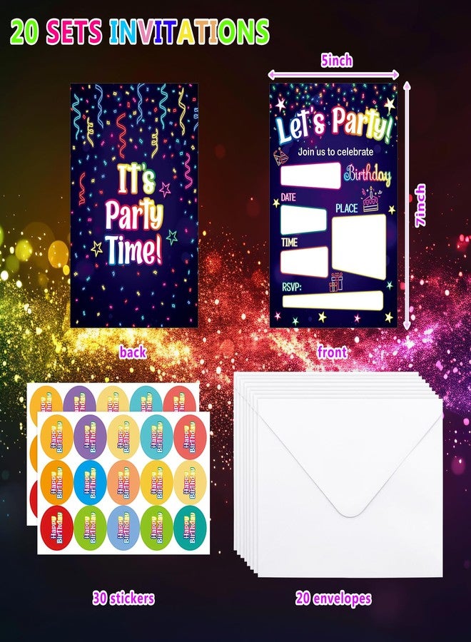 WorldBazaar Neon Birthday Invitations With Envelopes 20 Pack Let's Glow Theme Kids Birthday Party Invitation For Boys Girls Birthday Party Supplies - Image 2