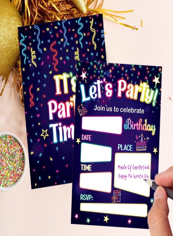 WorldBazaar Neon Birthday Invitations With Envelopes 20 Pack Let's Glow Theme Kids Birthday Party Invitation For Boys Girls Birthday Party Supplies - Image 3