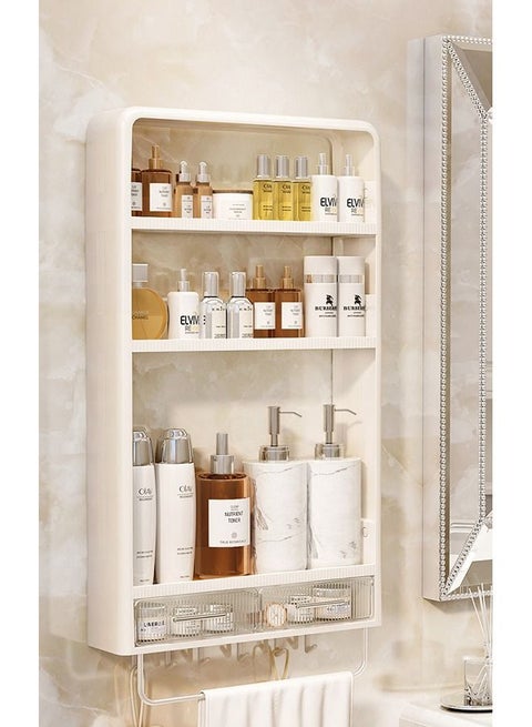 3-Tier Wall Mounted Bathroom Rack Wall Hanger Bath Organizer Makeups Organizer With Hooks and Drawer For Bathroom
