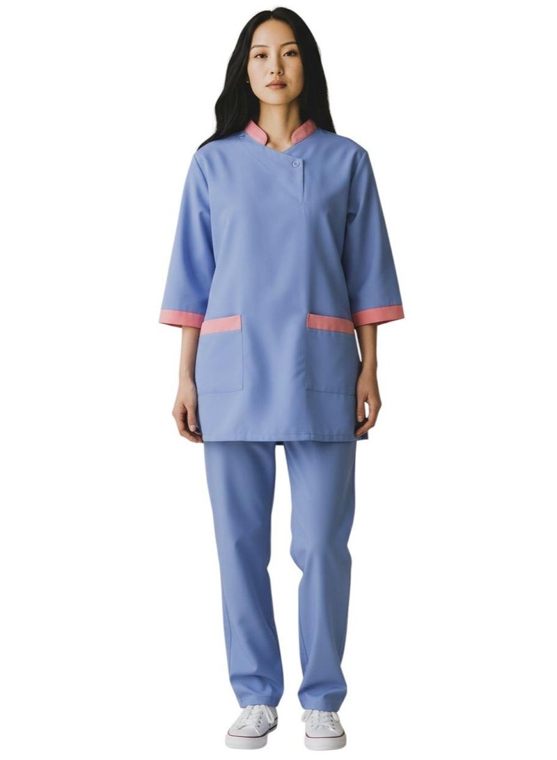 أزياء دي طقم زيّ تنظيف احترافي، بلوزة بأكمام 3/4 وبنطال، ياقة ماندرين. فستان زيّ خادمة منزلية. - Image 1