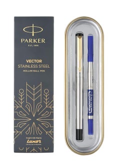 PARKER Parker Vector Stainless Steel Gold Trim Roller Ball Pen | Ink Color - Blue | Perfect For Corporate Use | Elite Pen For Professionals  - Image 1