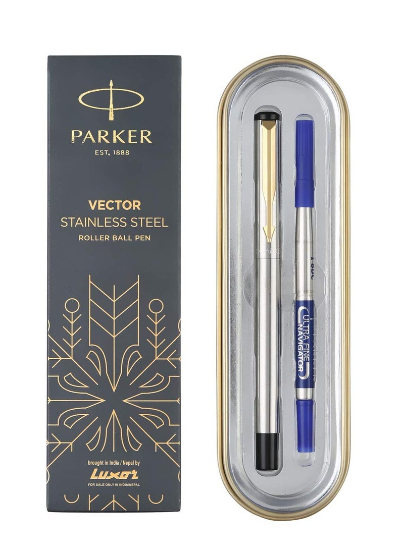 PARKER Parker Vector Stainless Steel Gold Trim Roller Ball Pen | Ink Color - Blue | Perfect For Corporate Use | Elite Pen For Professionals  - Image 1