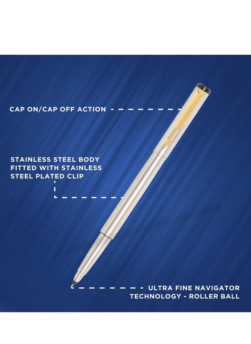 PARKER Parker Vector Stainless Steel Gold Trim Roller Ball Pen | Ink Color - Blue | Perfect For Corporate Use | Elite Pen For Professionals  - Image 3