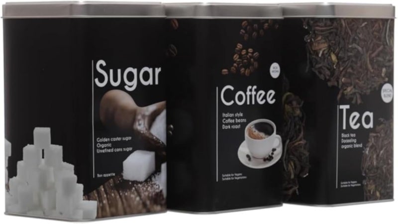 3 metal tins set modern design for loose Sugar, Coffee And Tea 1kg capacity each container 3 Metal Canisters Modern Design Sugar Coffee Tea 1kg Each