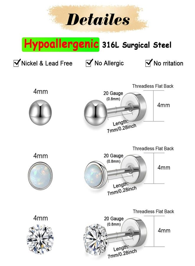 AMASIS Silver Flat Back Stud Earrings Sets for Women Men,Hypoallergenic 20G Lightweight 316L Stainless Steel Tiny 4mm Ball/Opal/Cubic Zirconia Cartilage Stud Earrings for Sensitive Ears(3 pairs) - Image 2
