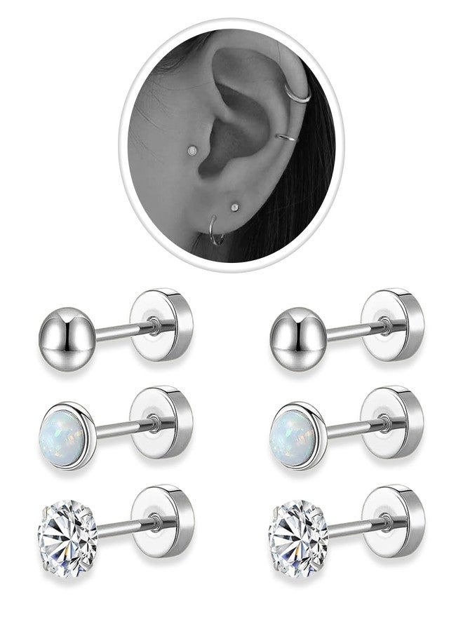 AMASIS Silver Flat Back Stud Earrings Sets for Women Men,Hypoallergenic 20G Lightweight 316L Stainless Steel Tiny 4mm Ball/Opal/Cubic Zirconia Cartilage Stud Earrings for Sensitive Ears(3 pairs) - Image 1