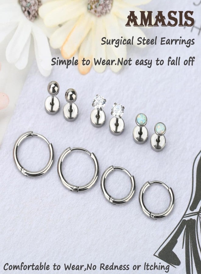 AMASIS Silver Flat Back Stud Earrings Sets for Women Men,Hypoallergenic 20G Lightweight 316L Stainless Steel Tiny 4mm Ball/Opal/Cubic Zirconia Cartilage Stud Earrings for Sensitive Ears(3 pairs) - Image 4