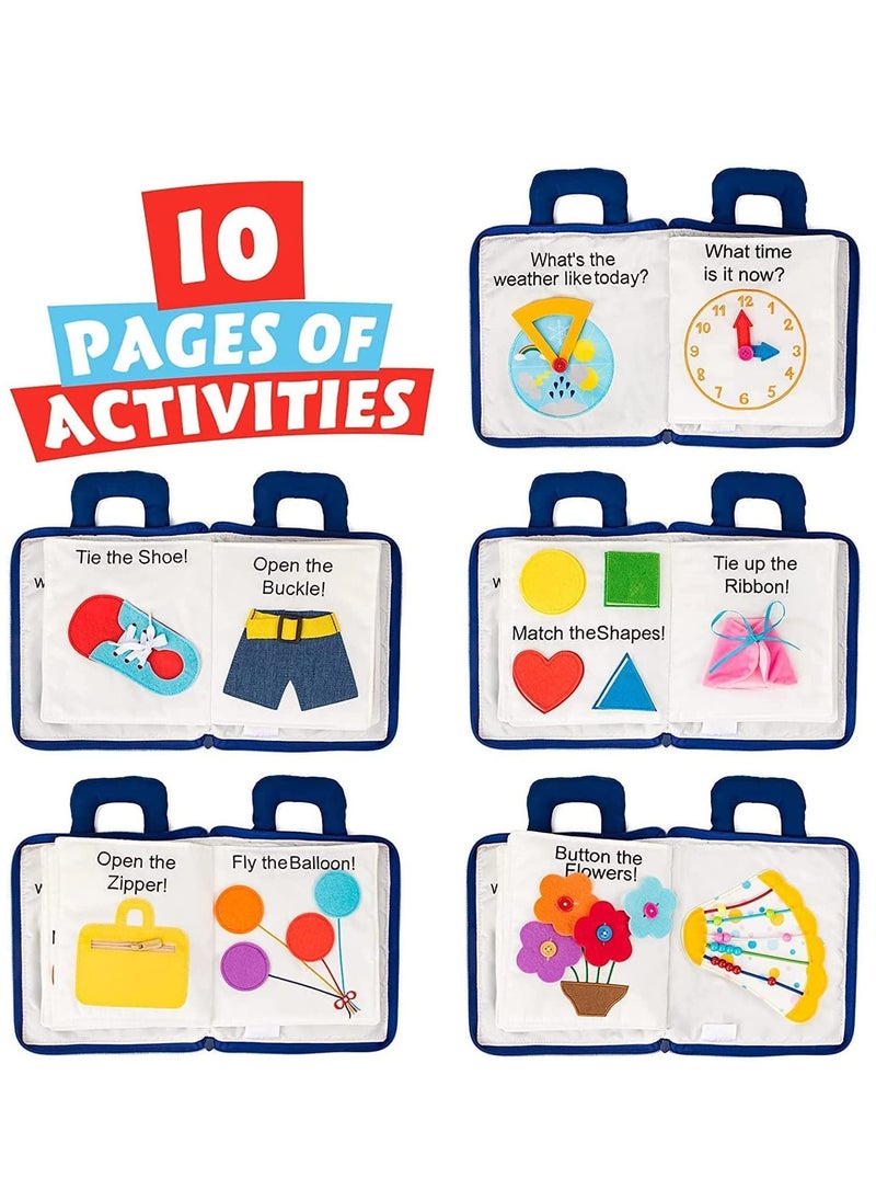 KASTWAVE - Montessori Activity Quiet Book - Travel Toy Cloth Book for Toddlers - 10 Topics, Activities for Early Learning How to Basic Life Skills for Toddlers, Interactive Book for Busy Boys and Girls(Blue) - Image 1
