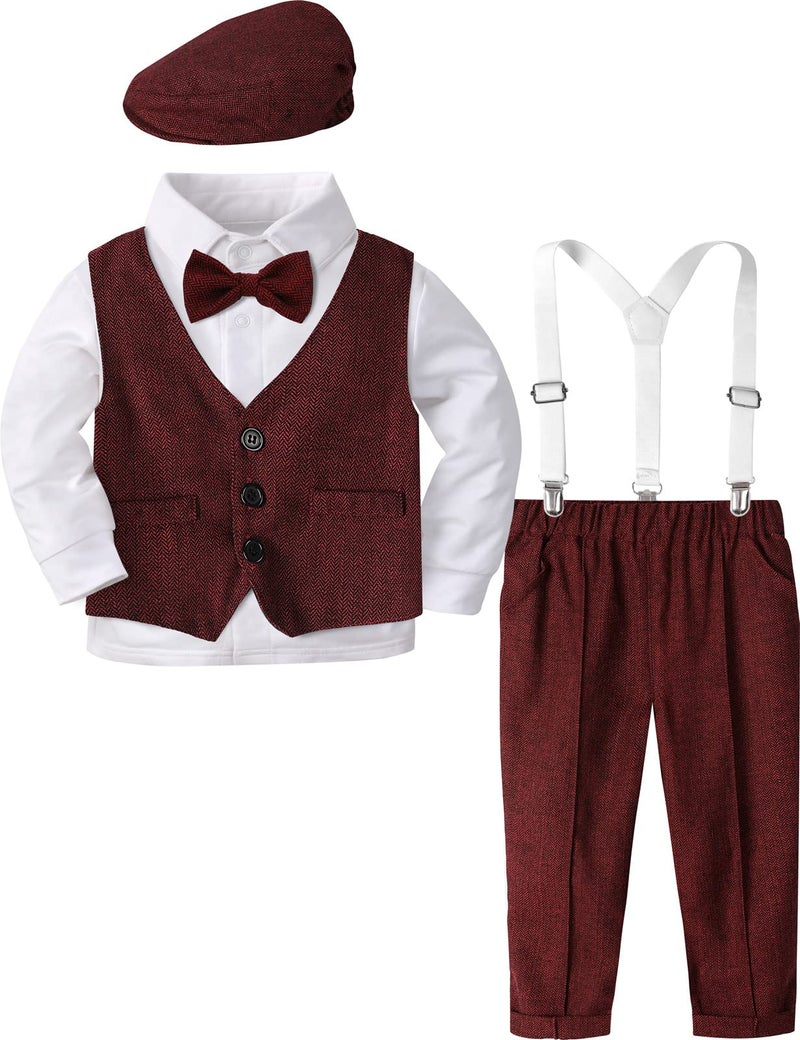 A&J DESIGN Toddler Valentine Day Suit Baby Boy Gentleman Outfit Wedding Formal Christmas Tuxedo with Berets Hat Red 3T - Image 1