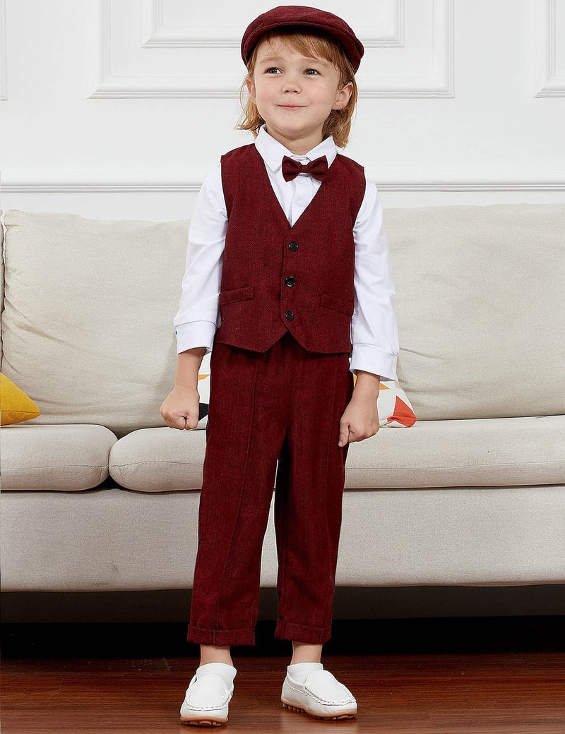 A&J DESIGN Toddler Valentine Day Suit Baby Boy Gentleman Outfit Wedding Formal Christmas Tuxedo with Berets Hat Red 3T - Image 2
