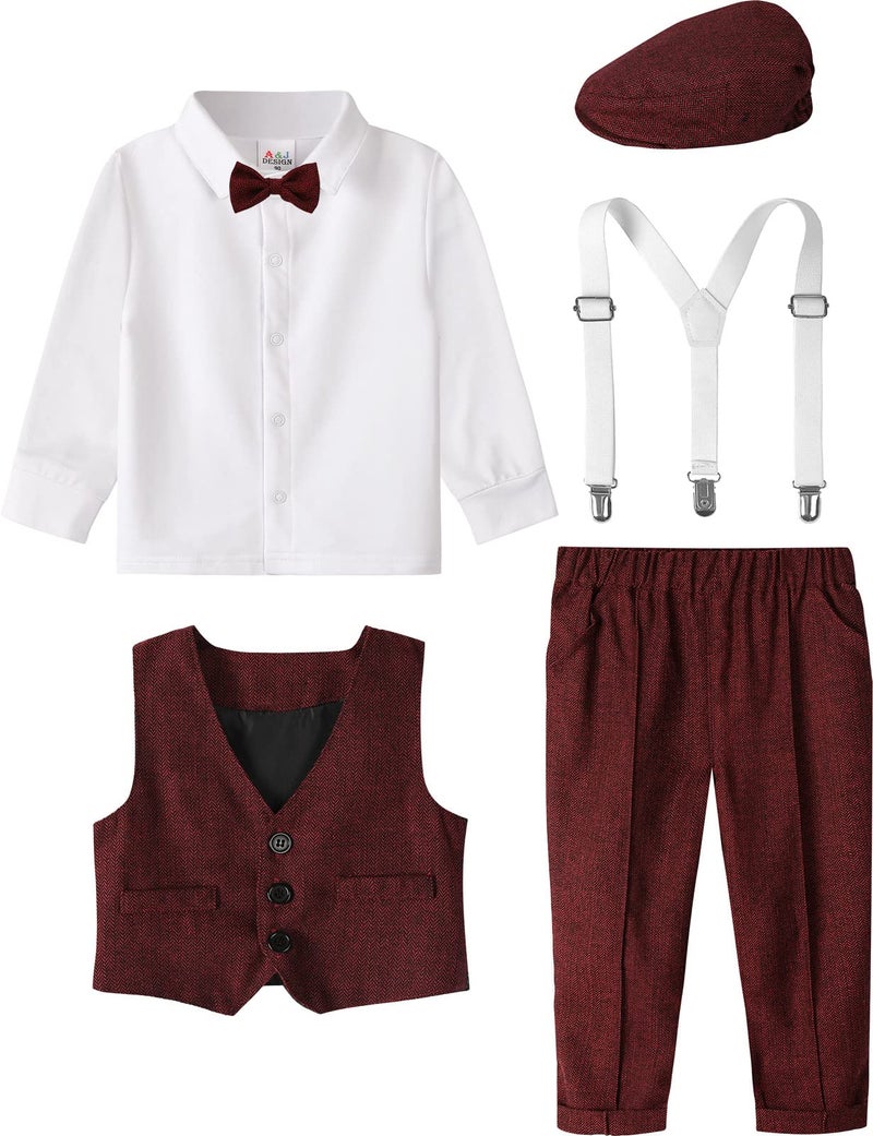A&J DESIGN Toddler Valentine Day Suit Baby Boy Gentleman Outfit Wedding Formal Christmas Tuxedo with Berets Hat Red 3T - Image 4