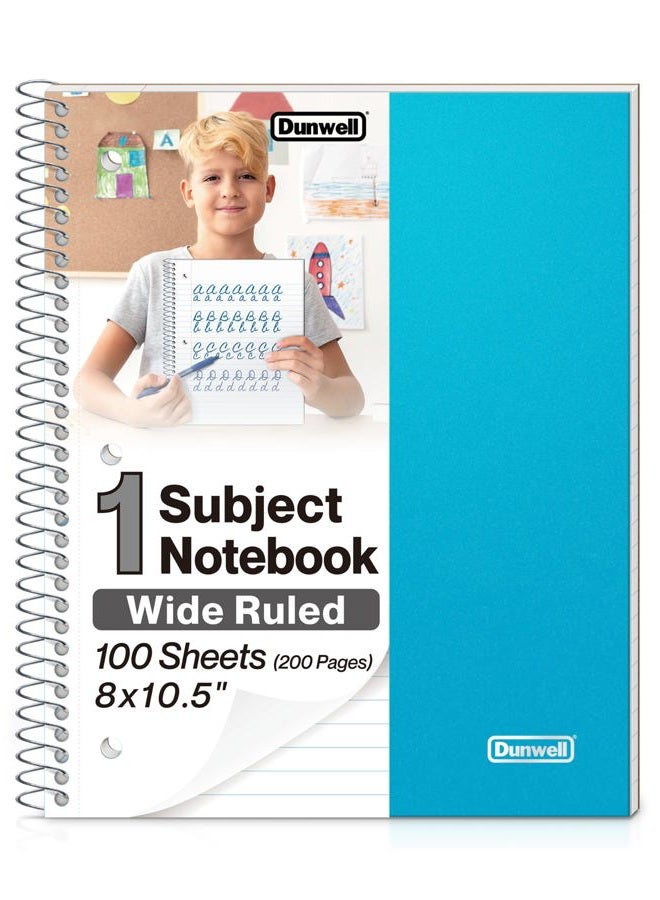 Dunwell Wide Ruled Spiral Notebook, Blue, 100 Sheets (200 Pages) 8 x 10.5 Wide Rule Notebook for Kids, Plastic Cover, 1 Subject Notebook, Inner Pockets, Perforated 3-Hole Punch Paper, School Note Book - Image 1