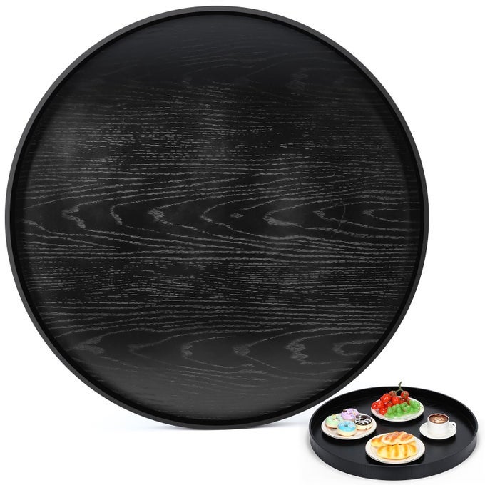 LARGE ROUND SERVING TRAY 24 X 24 INCH BLACK SOLID WOOD TEA TRAY FOR OTTOMAN FOR HOME OFFICE TEA HOUSE BAR FOOD SNACK TABLE BREAKFAST SERVE DECORATIVE