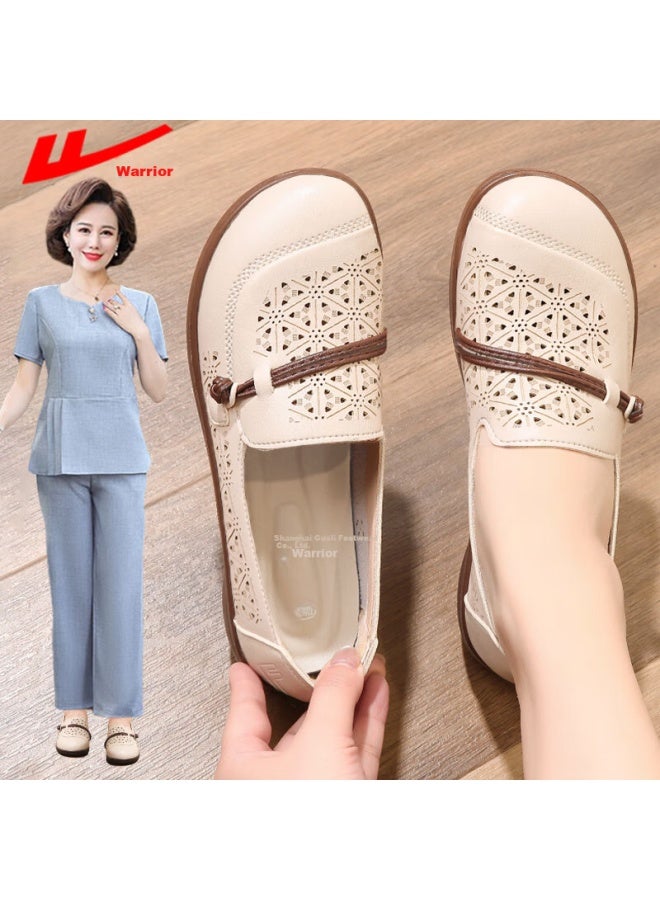 Pull Back Huili Mom Shoes For Middle-aged And Elderly, Summer Single Shoes, Soft Sole Comfortable Non-tiring Women's Shoes, Middle-aged Leather Shoes Sandals 0121 Beige Size 41 - Image 1